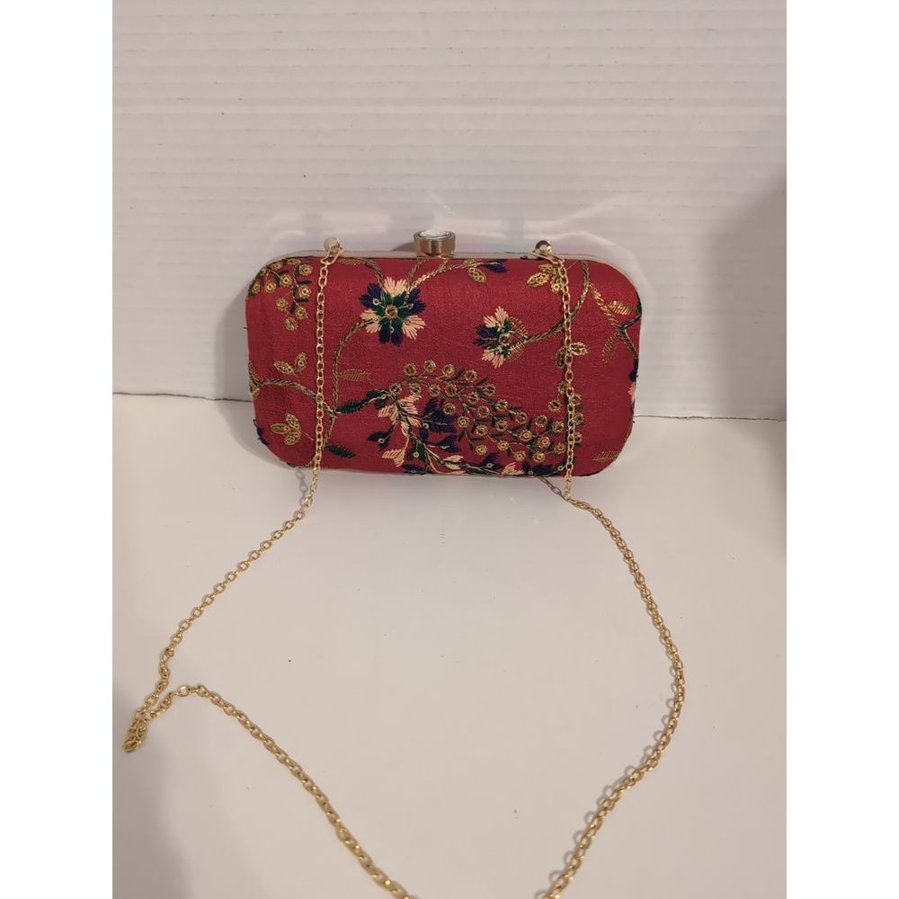 Asian Inspired‎ Red Floral Embroidered Clutch With Gold Detail & Chain